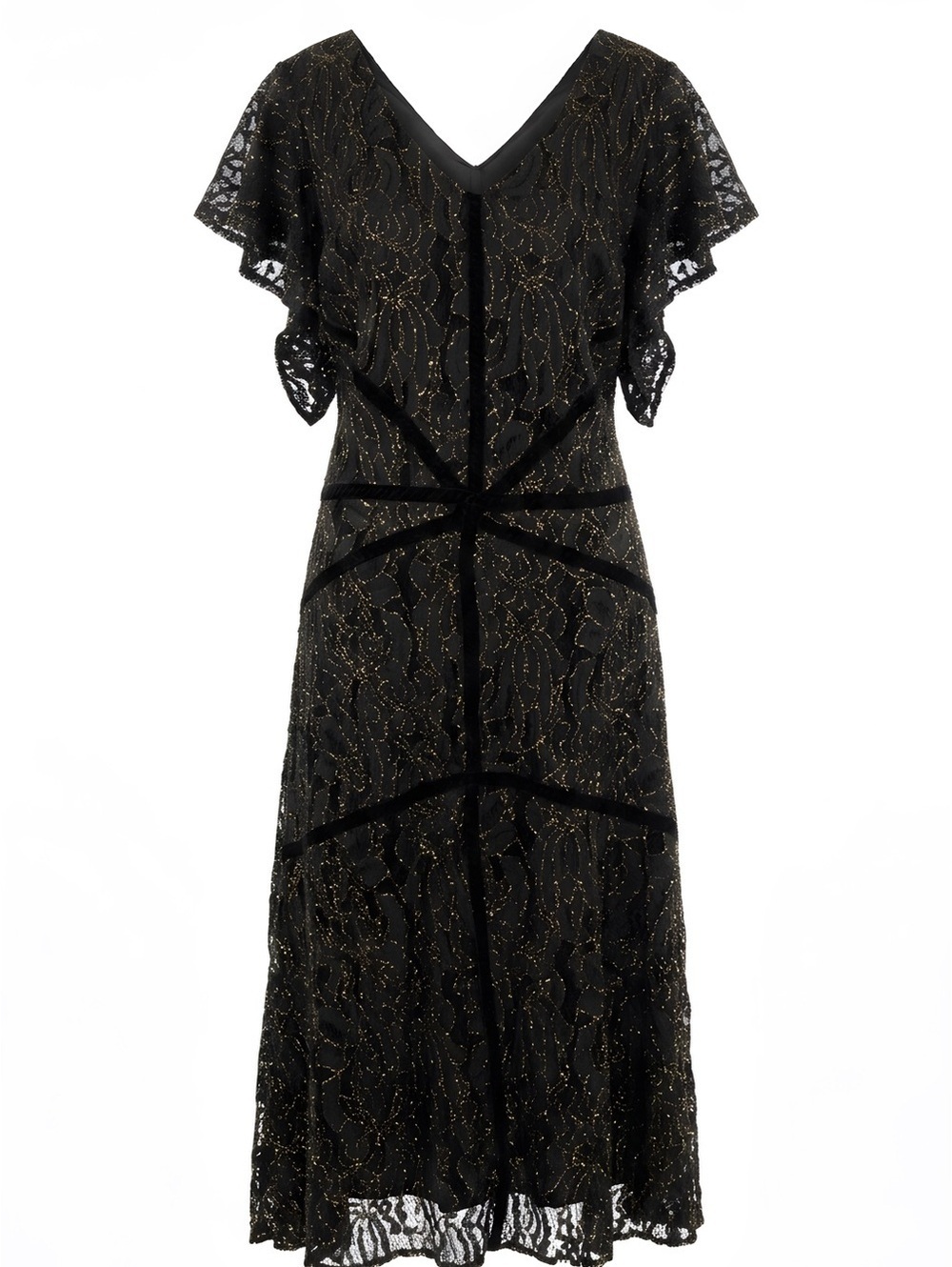 Taylor Black and Gold Lace V-Neck Midi Dress with Flutter Sleeves